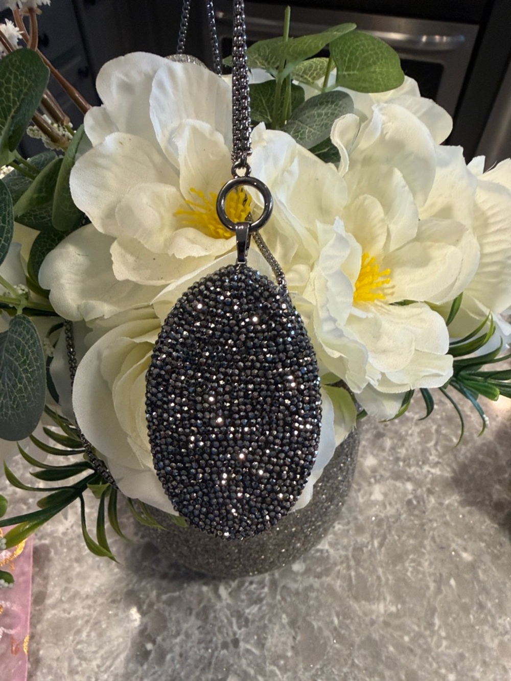 Crystal Beaded Oval Pendant Necklace - Gunmetal